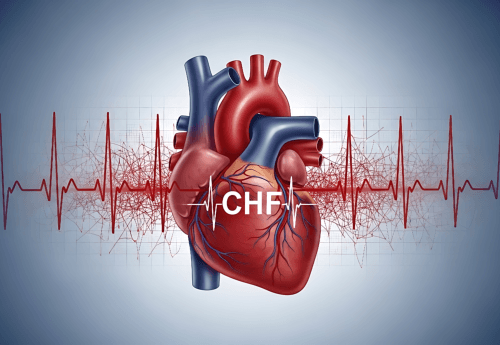 Illustration of a human heart with CHF text overlay, surrounded by red electrocardiogram (ECG) lines on a blue background.
