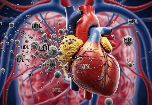 3D illustration of a human heart showing HDL and LDL cholesterol particles circulating in blood vessels.