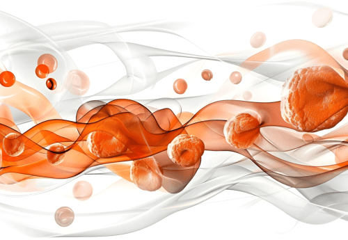 Abstract flowing waves in orange and white with textured orange spheres floating throughout the composition.