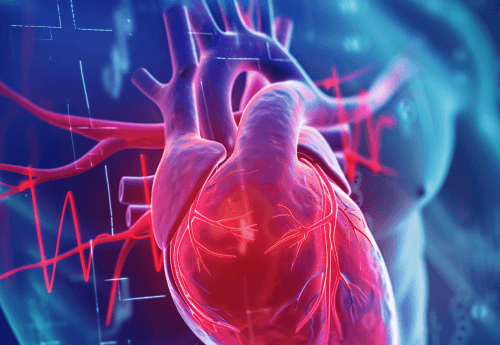 3D illustration of a human heart with glowing arteries and an electrocardiogram (ECG) line in the background.